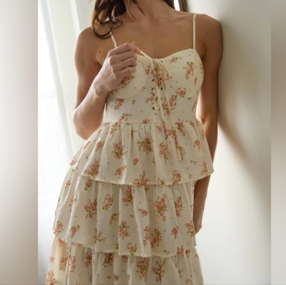 Blu Pepper Cream Spaghetti-Strap Tiered Dress with Pink Floral Print Women's Med